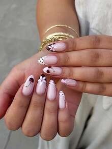 24 pièces Autocollants d'ongles pointus doux de style français cerise, design cerise + pois + floral, convient pour le port quotidien prolongé des femmes, set de faux ongles d'été - Rose bonbon - Voir 1