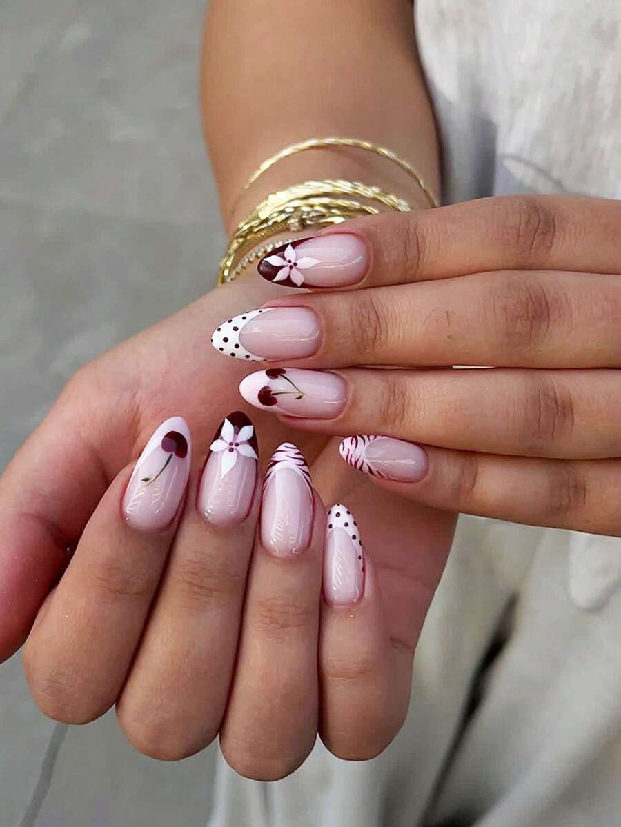 24 pièces Autocollants d'ongles pointus doux de style français cerise, design cerise + pois + floral, convient pour le port quotidien prolongé des femmes, set de faux ongles d'été - Rose bonbon - Voir 1