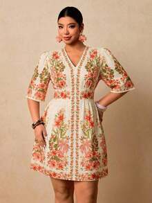 Vestido corto con estampado floral negro para mujer de talla, vestido corto con cuello en V, manga corta y cintura ceñida, vestido romántico para vacaciones en una isla a principios de primavera, vestido bohemio - Blanco - Ver 5
