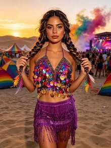 Áo hai dây crop top vỏ sò đính sequin nhiều màu kèm chân váy hông tua rua sequin, phù hợp cho lễ hội Carnival, lễ hội âm nhạc sa mạc và lễ hội EDM (có nhiều màu sắc) - Nhiều màu - Xem 15