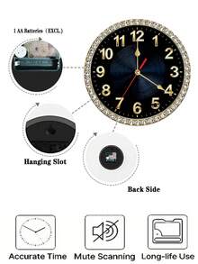 1 pieza Reloj de pared de lujo con marco de rombos negro y dorado, diseño plano 2D - Adecuado para decoración de dormitorio, sala de estar, oficina, cocina y baño - 10/12 pulgadas (Baterías no incluidas), diseño plano 2D - Multicolor - Ver 6