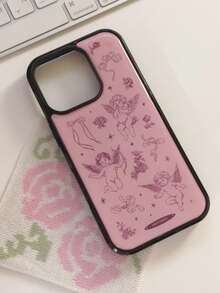1pc Korean Retro Niche Creative Pink Little Angel Black Edge Full Coverage Phone Case - Suitable For IPhone 17 Pro Max, 17 Pro, 17, 16 Pro Max, 16 Pro, 16, 15 Pro Max, 15 Pro, 14 Pro Max, 14 Pro, 14, 13 Pro Max, 13 Pro, 13, 12 Pro Max, 11, Phone Protective Cover - Multicolor - View 3