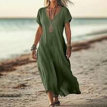 Loose-Fitting Solid Color V-Neck Cotton-Linen Women's Dress - White - View 4