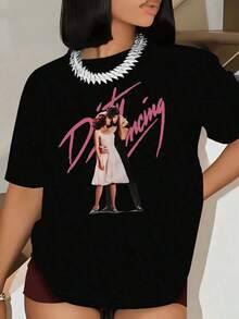 Women's Y2K Retro Hip-Hop T-Shirt With Couple Portrait & "Dancing" Graphic Print - Black With Pink Lettering, Casual Short Sleeve Crew Neck Top, Machine Washable For Spring & Summer, Hip-Hop Clothing, Summer Fashion, Couple Motif T-Shirt, Non-Transparent Fabric - 黑色 - 查看 1