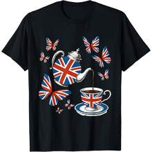 Union Jack Teapot Cup Faded Retro British Tea Time Butterfly T-Shirt - Black - View 1