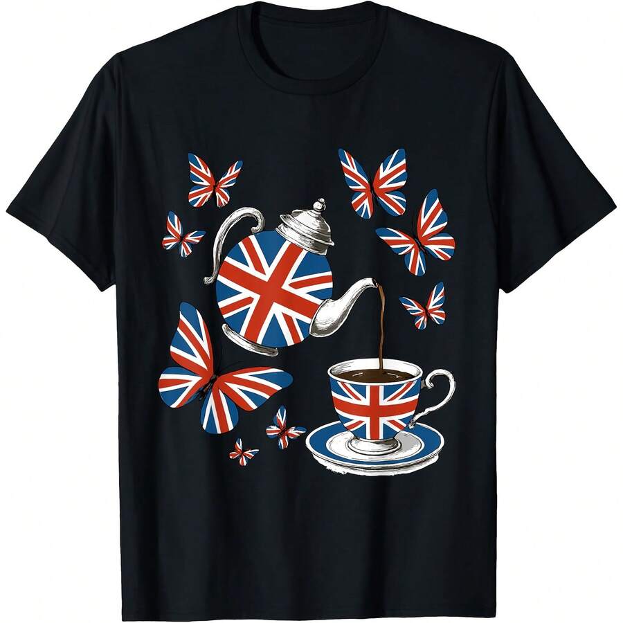 Union Jack Teapot Cup Faded Retro British Tea Time Butterfly T-Shirt - Black - View 1