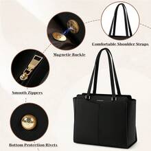 Handtasche Damen Groß Shopper Tasche Damen Wasserdichte Laptoptasche 14 Zoll PU Leder Tote Bag mit Reißverschluss Innentasche Arbeitstasche Schultertaschen Henkeltasche - Schwarz - Übersicht 7