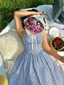 xheSHEIN MOD Vestido midi de estilo romántico y campestre a cuadros rojos y blancosxhe - Celeste - Ver 5