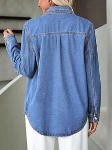 Women's Casual Loose Denim Shirt Jacket With Pockets - Medium Wash - View 3