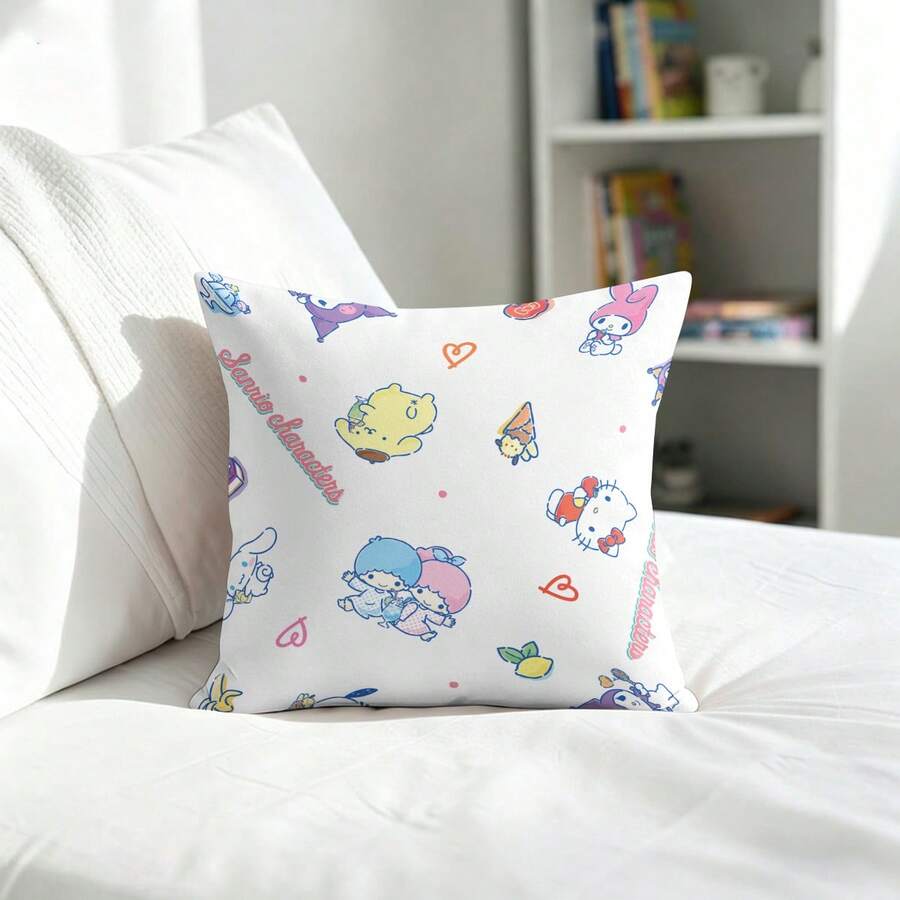 Miniso Funda de cojín con personajes de Sanrio, funda de cojín con patrón blanco con Hello Kitty, My Melody, Cinnamoroll, Little Twin Stars y Pompompurin para sofá, sala de estar, dormitorio y decoración del hogar - Color - Ver 1