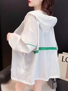 女款夏季戶外長袖防曬襯衫，薄款寬鬆連帽拉鍊開襟外套上衣 白色 - 白色 - 查看 3