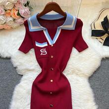 marca moda verano vestido tejido mujeres 2025 nuevo Y2K bordado largo ceñido suéter vestido ropa de calle señora Vestidos - Vino tinto - Ver 1