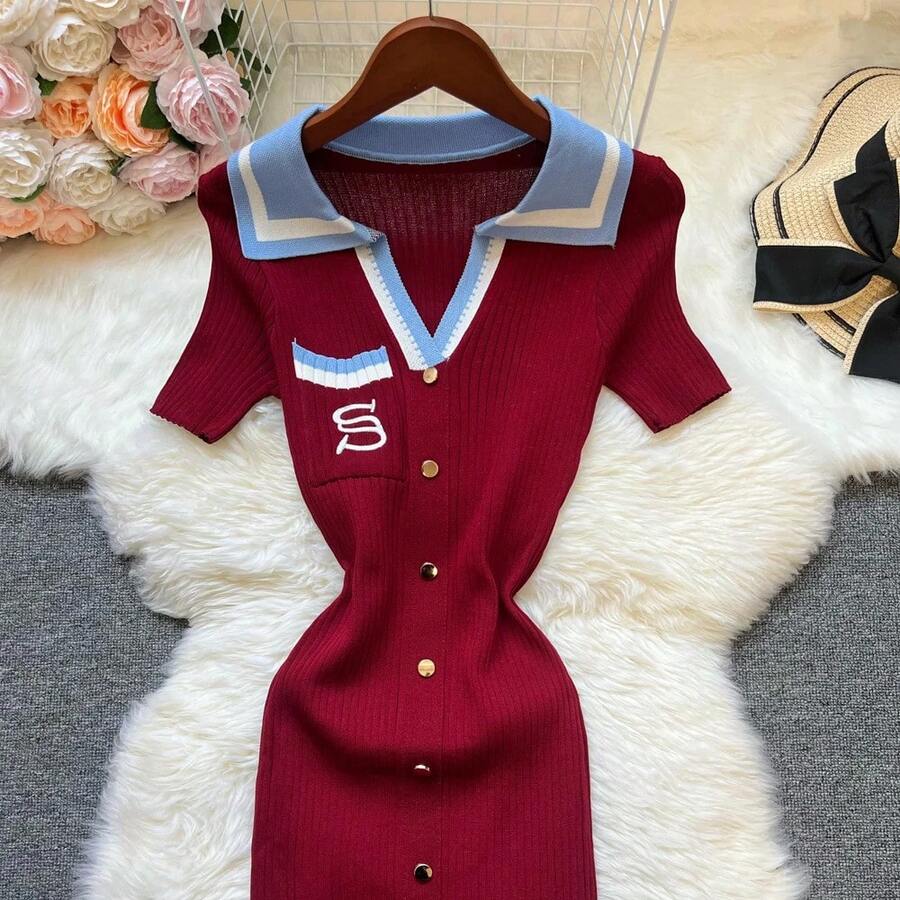 marca moda verano vestido tejido mujeres 2025 nuevo Y2K bordado largo ceñido suéter vestido ropa de calle señora Vestidos - Vino tinto - Ver 1