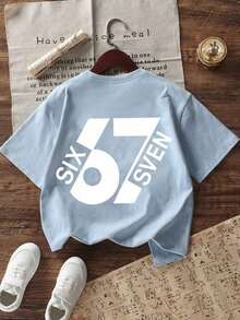 Summer Short-Sleeved T-Shirt For Boys, "67" With A Fun Digital Design. Suitable For Casual Wear, School, And Everyday Wear. - 酒紅色 - 查看 2