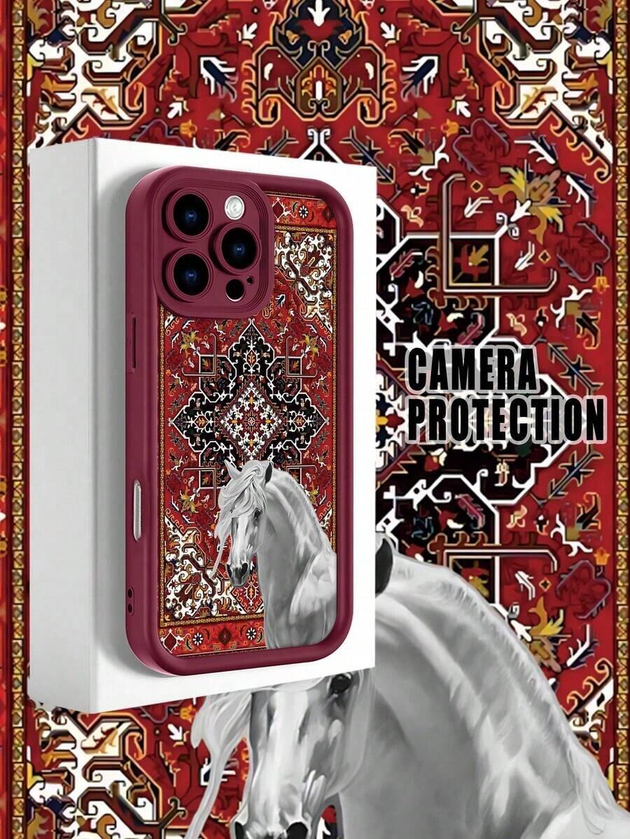 1 Piece Phone Case With A White Horse Design On An Ornamental Carpet Background In Red And Gold Tones, Classic And Elegant Style Ideal For Lovers Of Traditional Art And Sophistication, Soft TPU, Full Impact And Anti-Slip Protection, Compatible With IPhone 17 ProMax/16/15/14/13/12/11/Plus/Pro/ProMax, Compatible With Galaxy A34/A35/A54/A55, Galaxy S20/S21/S22/S23/S24/S25 Ultra/Plus, Compatible With Galaxy//Honor// - 波爾多 - 查看 1