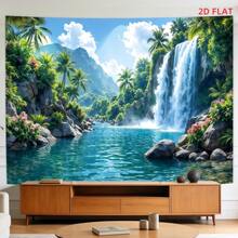 1 buah Banner Latar Belakang Pesta Bertema Sungai Air Terjun Hutan Tropis, Terbuat dari Poliester dengan Pohon Palem, Bukit Hijau, dan Elemen Bunga, Cocok untuk Ulang Tahun, Pernikahan, Fotografi, dan Acara Lainnya - A - View 5