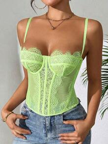 1 Piece Women's Lace Trim Fitted Crop Top, Sexy Tight Corset Top, Suitable For Party, Travel, Gathering, Christmas, Valentine's Day, Casual Summer, Black - 淺綠色 - 查看 11