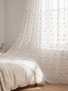 1 Stück weißer halbtransparenter Vorhang mit goldener Reben- und Blattstickerei, Landhausstil, Polyester mit Stangendurchzug, lichtfilternd, geeignet für Schlafzimmer, Wohnzimmer, Esszimmer, ganzjährige Heimdekoration - Gold - Übersicht 5