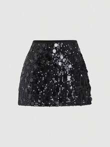 Falda-pantalón elegante con lentejuelas multicolor para mujer - Negro - Ver 1