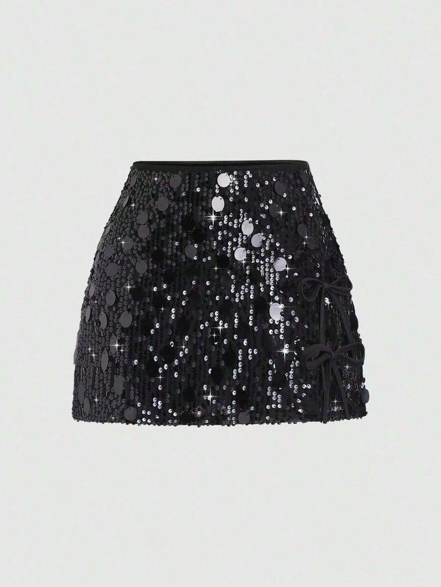 Falda-pantalón elegante con lentejuelas multicolor para mujer - Negro - Ver 1