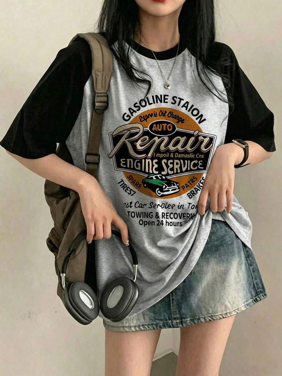Women's Contrast Color Round Neck Casual Cartoon Letter Print Short Sleeve T-Shirt, Spring/Summer - Dark Gray - View 1
