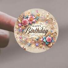 24/48/72pcs Round Floral Gold Foil Birthday Stickers,Watercolor Pink Rose Star Glitter Birthday Labels, Perfect For Birthday Celebrations,Gift Bags, Envelopes, Birthday Cards, Party Favors, Scrapbooking - View 1