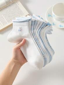 5 Pairs Women Cute Sweet White & Blue Bow, Heart, Cherry Print Short Socks, Student Socks, Comfortable Casual Creative Ruffled Socks, Random Colors, Suitable For Daily Wear All Seasons - Multicolor - View 7