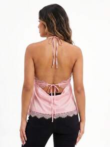 Womens Lace Trim Halter Tops Summer Fashionable Spaghetti Strap Open Back Satin Vest - Pink - View 6