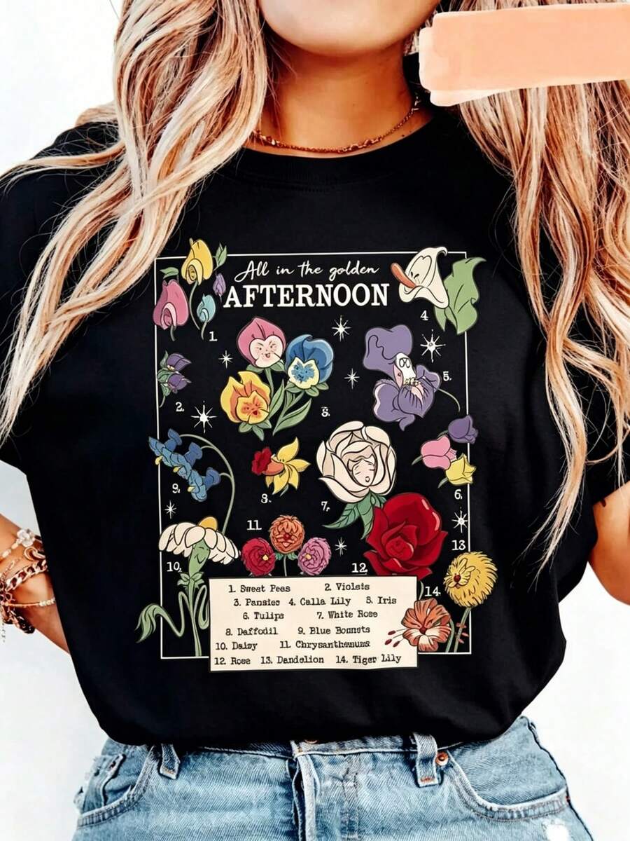 Women's Vintage Alice In Wonderland T-Shirt - Casual Short Sleeve Crew Neck, Durable Print, Machine Washable, Ideal For Travel, Picnics, Beach And Parties - 黑色 - 查看 1