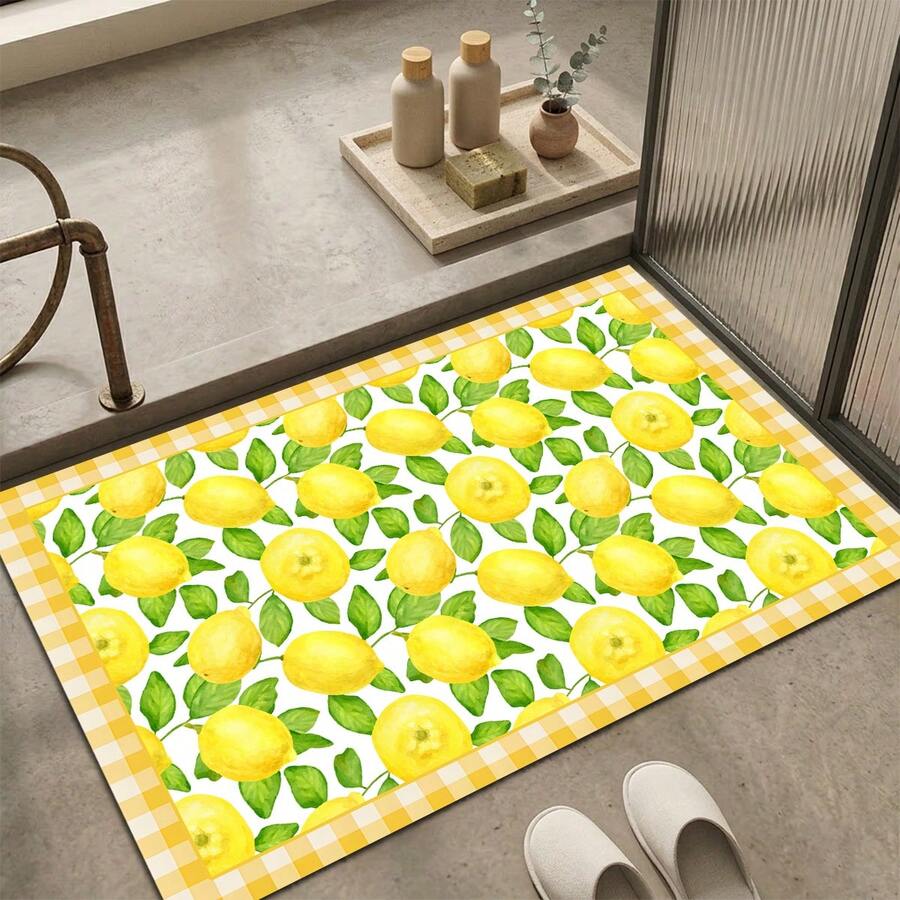 1pc, Home Decor, Lemon Pattern Printed Floor Mat, Diatomaceous Earth Kitchen Rug, Kitchen Mat, Floor Mat, Easy To Clean, Printed Rectangular, Suitable For Living Room, Bedroom, Hallway, Bathroom, Laundry Room - Polyester Carpet, Suitable For Indoor And Outdoor Home Decor - Multicolor - View 1