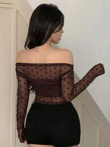Blusa elástica de malla transparente con hombros descubiertos, para primavera/verano - Marrón 2 - Ver 6