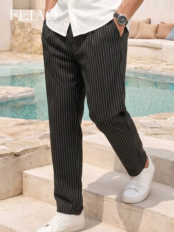 Feiao Men's Retro "Old Money" Style Black Striped Loose Comfortable Elastic Waist Pants, Minimalist Elegant, Suitable For Casual, Vacation And Commuting, All-Season Versatile