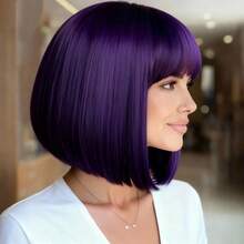 12 Inch Purple Short Straight Wig With Bangs, Natural Fluffy Straight Hair Style, Adjustable Wig Cap Suitable For All Women, Halloween Party Cosplay And Daily Wear - Purple - View 3