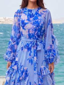 Faeriesty Elegant Chiffon Maxi Dress, Romantic Floral Print, Ruffle Hem And Bishop Sleeves, Suitable For Parties And Formal Occasions - Blue - View 5