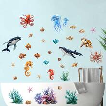 海洋水下生物裝飾貼紙，包含鯨魚、海龜、章魚、水母、海馬、小丑魚、貝殼、珊瑚及其他圖案。這些可移除的 PVC 牆貼非常適合裝飾兒童浴室、育嬰室、幼兒園教室、客廳和臥室。 - 均碼 - 查看 7