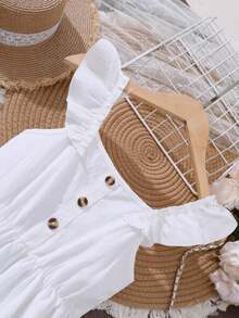 Tween Girls White Ruffle Hem Splice Elegant Dress, Spring/Summer - White - View 3