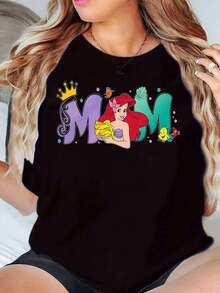 Ariel Princess Mom Print Disney Women T Shirt Round Neck Short Sleeve Casual Summer Wear Mother's Day Gift Soft Comfortable 220g - màu đen - Xem 1