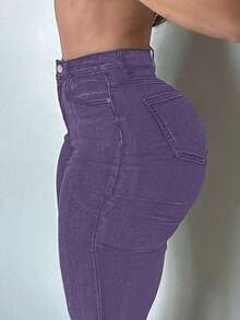 GILIPUR Jeans acampanados de talle alto para mujer estilo Y2K, pantalones vaqueros ajustados de color verde militar vintage, elásticos, elegantes y de moda, fondo versátil y casual para primavera - Morado - Ver 9