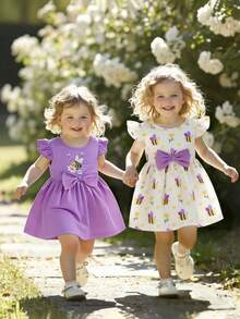 2pcs/Set Baby Girls' Cute Round Neck Sleeveless Bow Decor Cartoon Bee Print A-Line Dress, Suitable For Everyday Outings, Spring/Summer - Purple - View 4