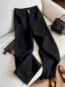 HOMEYEE Plus Size Elegant Black Wide Leg Suit Pants, With Pockets, Fashion Casual Knit Pants Fall - Black - View 7