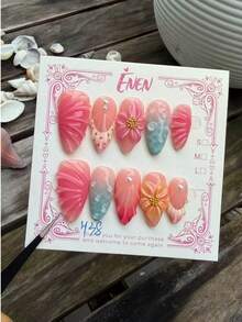 手工精緻花卉夏季美甲 3D貝殼 3D花朵波浪美甲 3D花卉中長杏仁形美甲 適合女性女孩日常配戴 手工穿戴甲 - 彩色 - 查看 5
