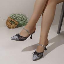 Sandalias de mujer con malla transpirable, lazo de cristal y lunares, puntera puntiaguda y slip-on, ligeras y de estilo lujoso para fiestas y citas, mulas de malla negra con puntera abierta para el verano - Negro - Ver 3