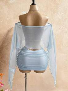 Nuevo top suelto con hombro asimétrico y transparente con lentejuelas doradas y falda mini fruncida de cintura baja asimétrica, estilo bohemio, boho, para vacaciones, vintage, fiestas, - Amarillo 2 - Ver 8