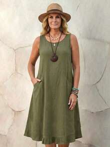 EMERY Vestido de verano casual de talla para mujer, de color verde militar sólido, sin mangas, con volantes en el bajo y parches de encaje en la espalda - verde militar 2 - Ver 9