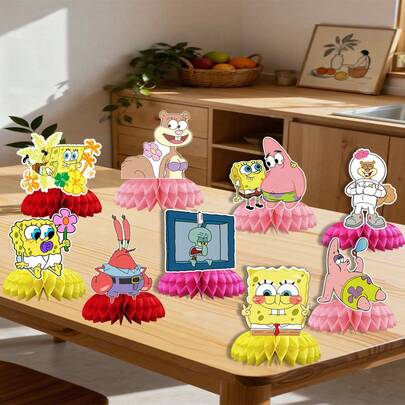 9pcs Honeycomb Shaped Summer Vacation & Friend Interaction Cartoon Character Decorations, Suitable For Children's Birthday Party Tabletop Decor