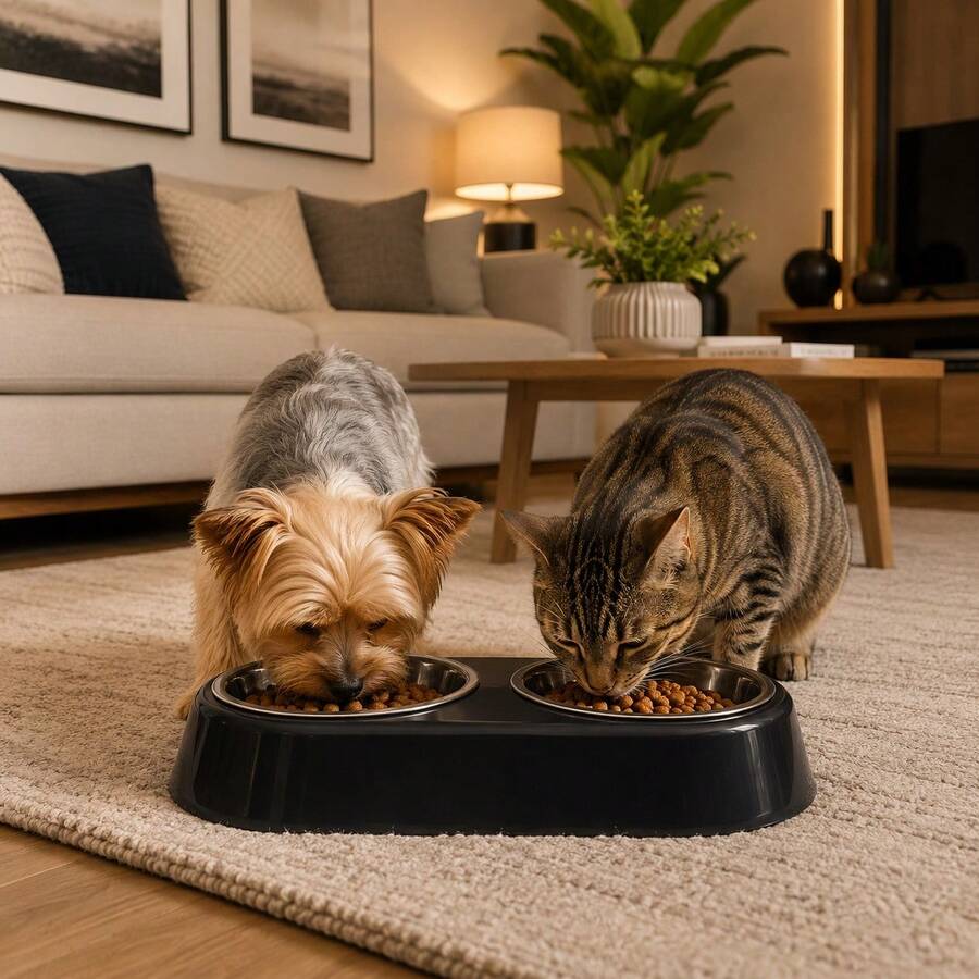 Double Pet Feeder/Waterer For Dogs And Cats, Stainless Steel Bowls, 450ml - Gấp đôi - Xem 1
