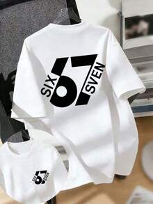 Summer Short-Sleeved T-Shirt For Boys, "67" With A Fun Digital Design. Suitable For Casual Wear, School, And Everyday Wear. - White - View 1