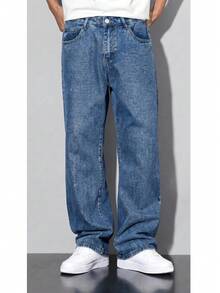 Men's Balloon Jeans, Straight Leg, Baggy Premium Streetwear, Oversized, Rapper Denim, Skater Style, Loose Fit - 藍色的 - 查看 6