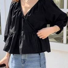 Fashion Women's Clothing  Camisa de manga larga con cinturón envolvente de unicolor, casual para primavera/verano, con volantes - Negro01 - Ver 5