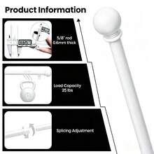1 Set Suitable For 24-156 Inches, 5/8 Inch Decorative Curtain Rod Set, White Splicing Single Window Curtain Rod For Bathroom, Bedroom, Living Room, Outdoor Patio, Kitchen, Small Curtain Rod - American Style - White - View 6